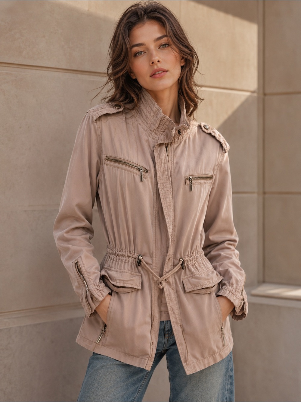 Trixxi Tan Lightweight Tencel Moto Cargo Utility Jacket, XS, Cinched waist EUC
